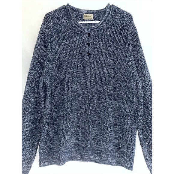 Vintage LL Bean Sweater Mens Navy Blue Marled Heavy Cotton Henley Roll Neck L - Picture 1 of 9